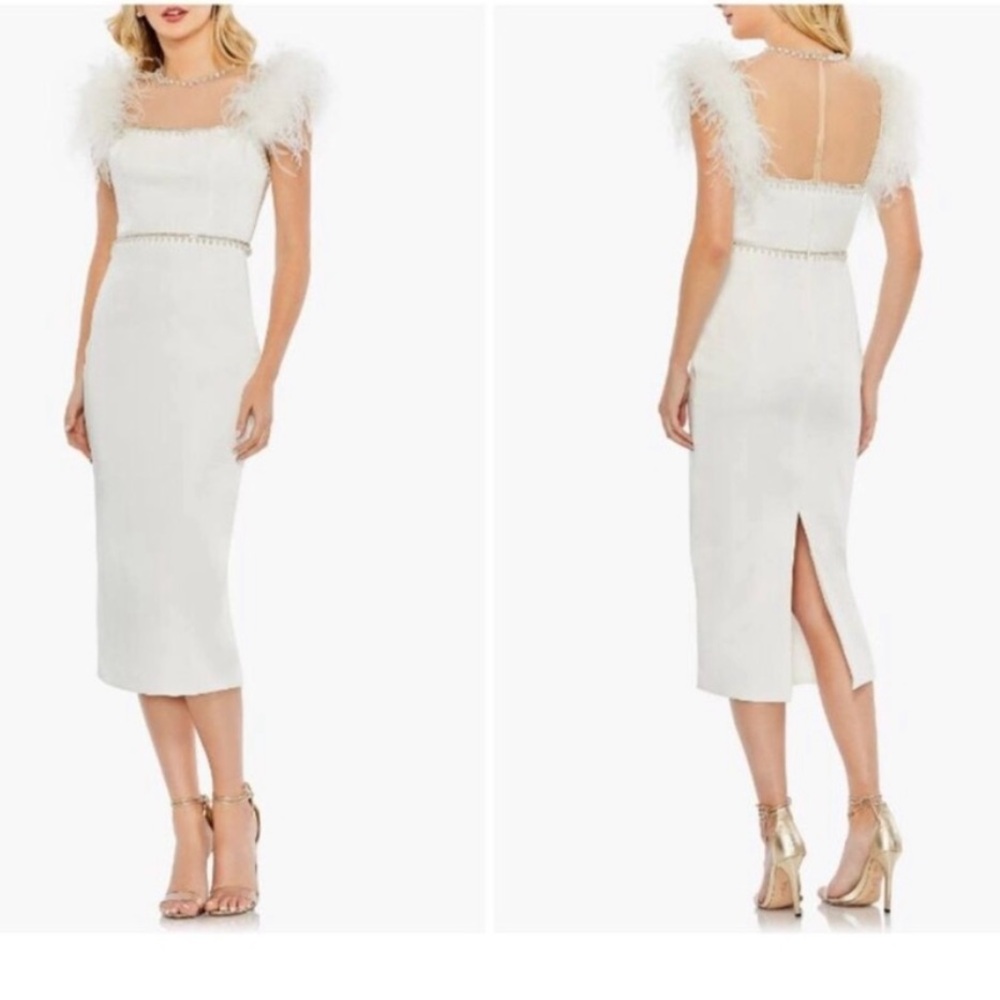 Mac Duggal Feathers Cap sleeve pearl embellishments T length fit $598, size 14